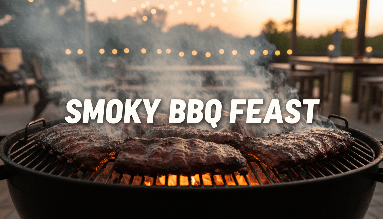 Authentic BBQ ribs smoking on traditional grill with warm orange glow