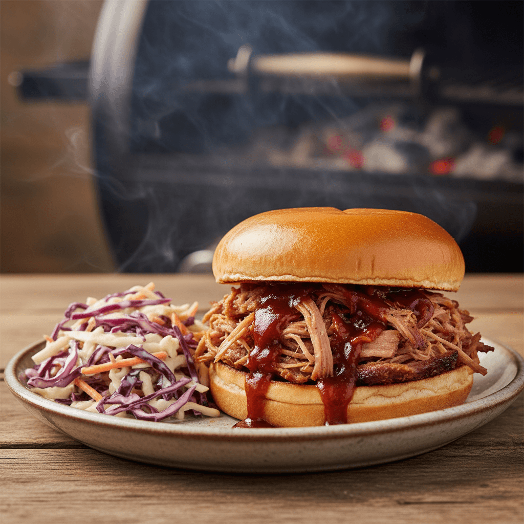 Pulled pork sandwich served