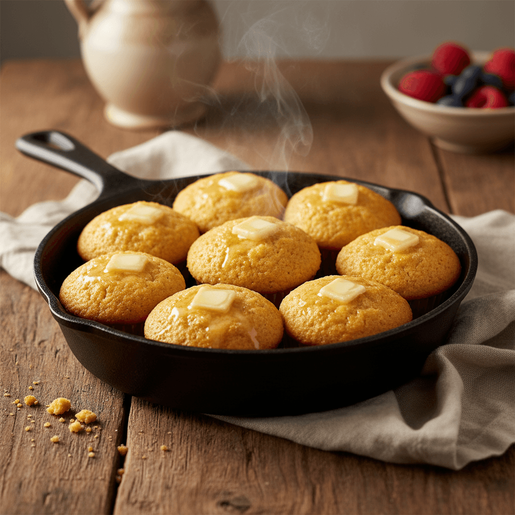 Warm cornbread muffins with butter in cast iron skillet