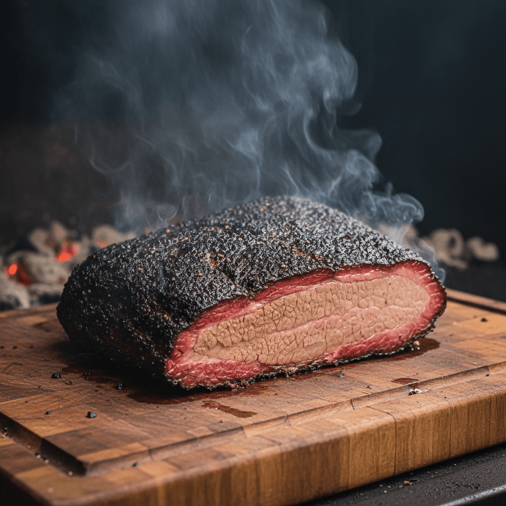 Smoked brisket with dark bark and pink smoke ring