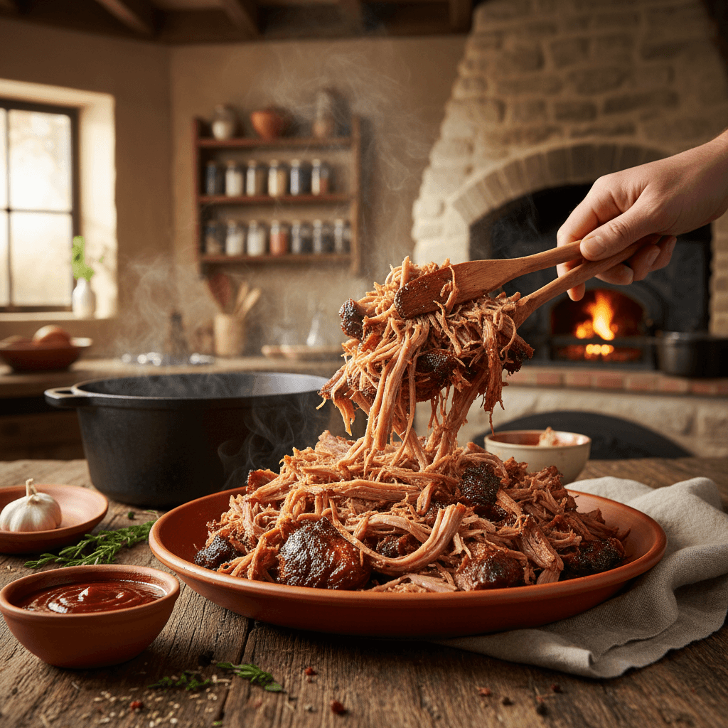 Freshly pulled pork piled onto a platter