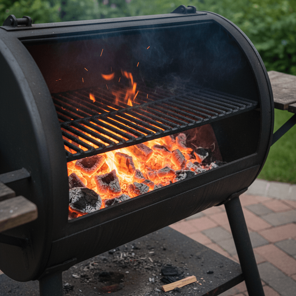 Charcoal glowing red hot under grill grate in smoker