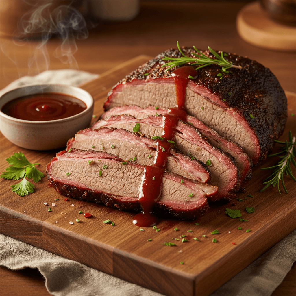 Smoked brisket on wooden board