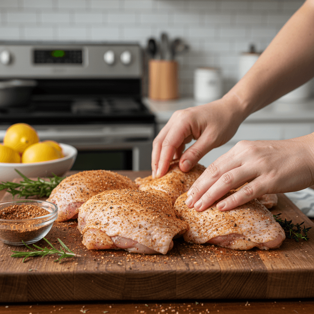 Hands applying dry rub to raw chicken thighs