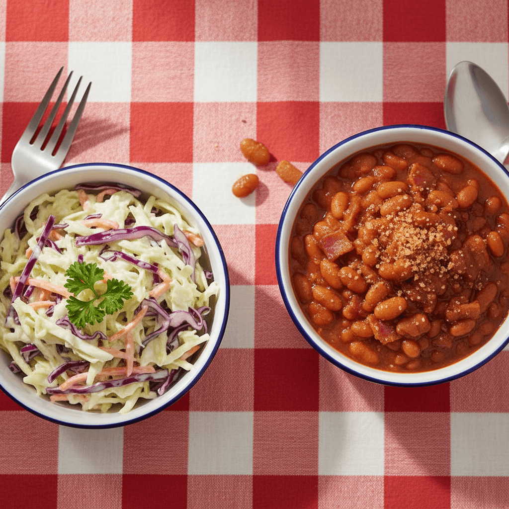 Homemade coleslaw and baked beans in bowls