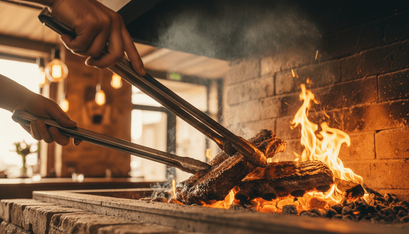 Homemade barbecue being smoked over traditional grill with warm lighting
