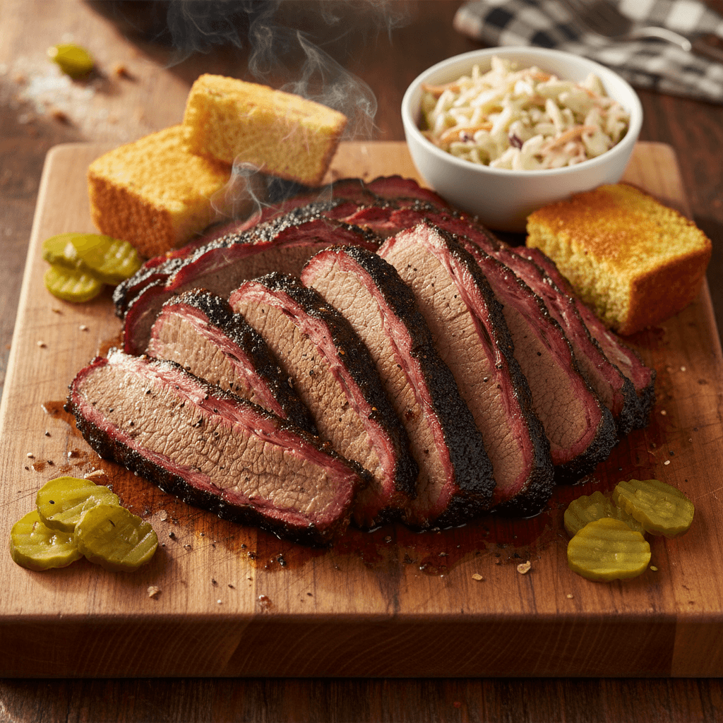 Smoked brisket sliced and plated for catering event