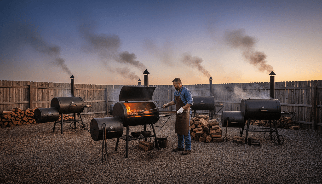 Community gathering around outdoor BBQ smoker with authentic homemade food and tables